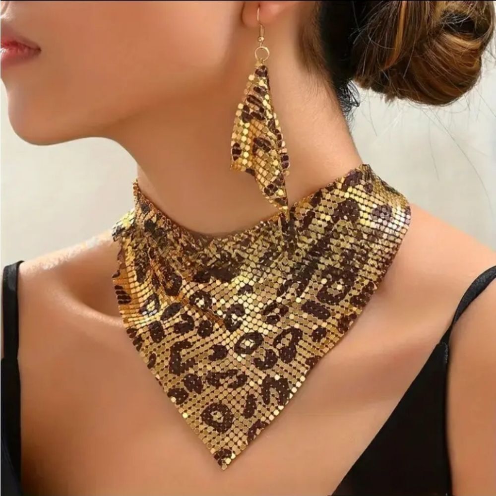 Leopard Print Bib Choker Necklace and Earring Set